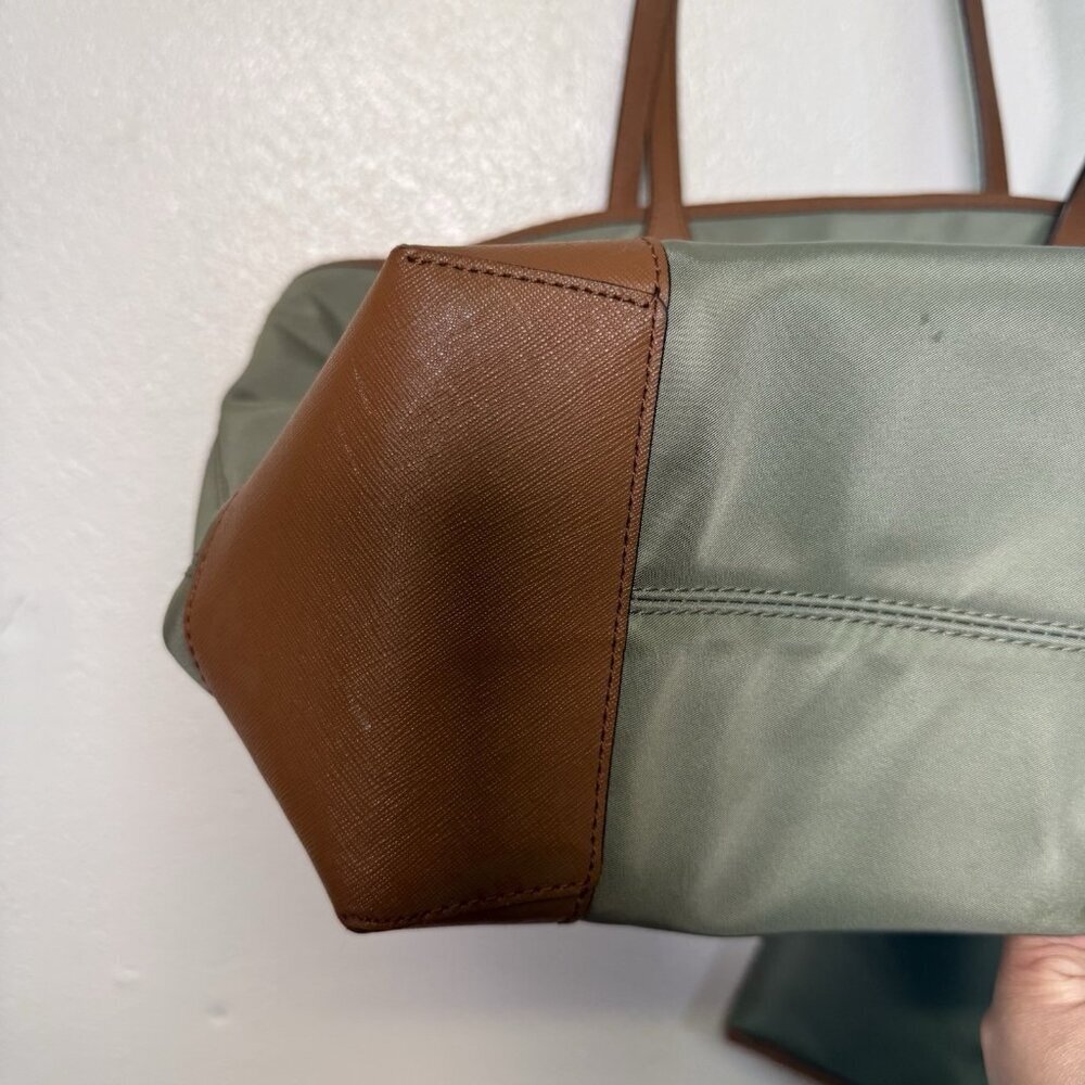 Michael Kors Eva Large Nylon Leather Tote Wh Match Pouch Army Green Timeless - Picture 16 of 16